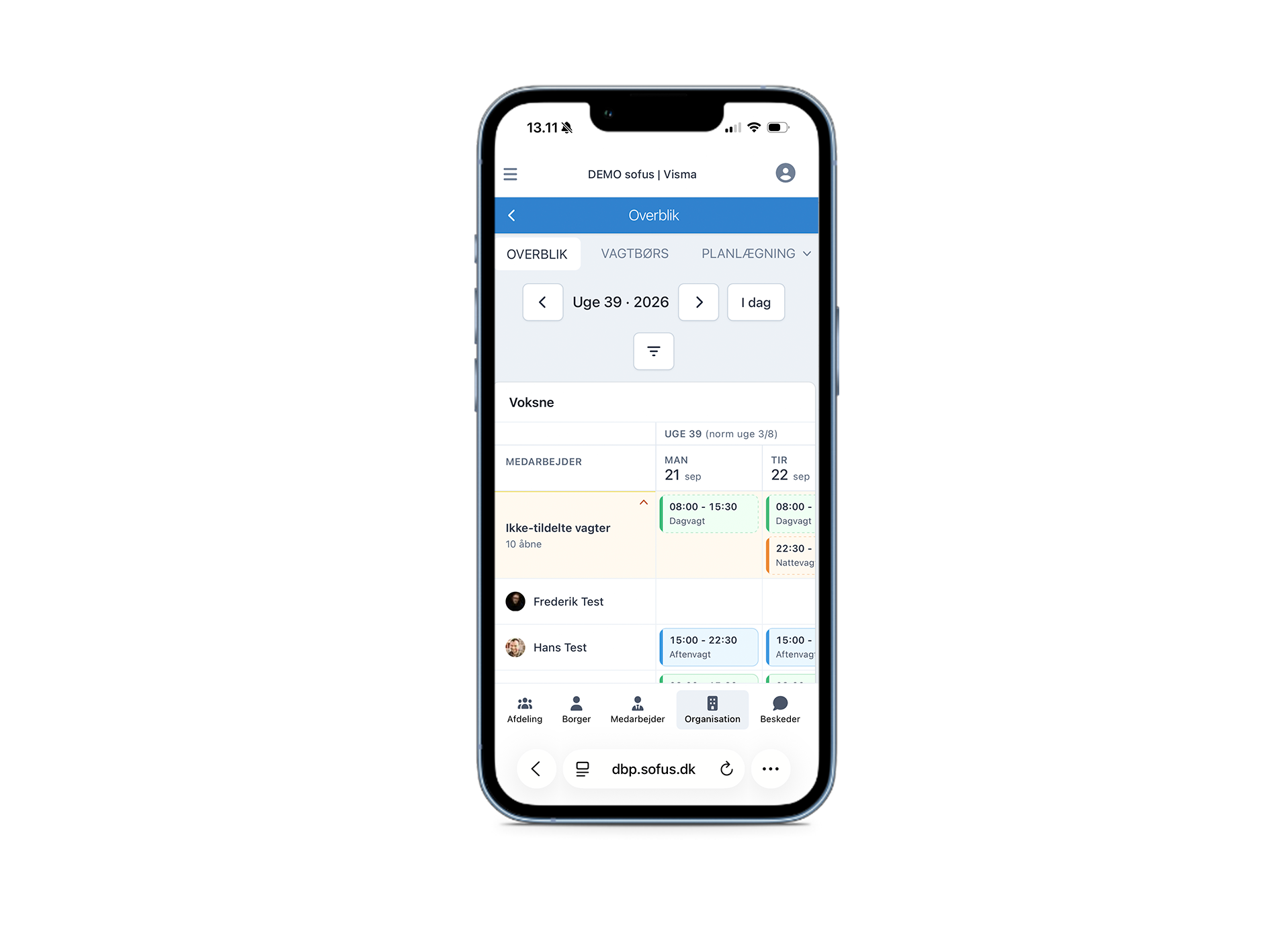 Vagtplan i Dagbogsprogrammet vist på en mobiltelefon